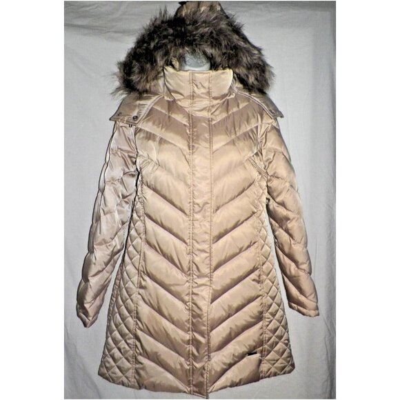 Women's M Reaction Kenneth Cole GIII Down Puffer Coat Satin Champagne Fur Hood - Picture 12 of 14